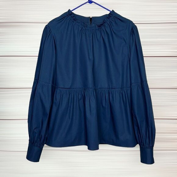 YUNE HO Cotton Navy Blue Peplum Top Relaxed Fit Blouse Drawstring Neck M - Picture 3 of 15